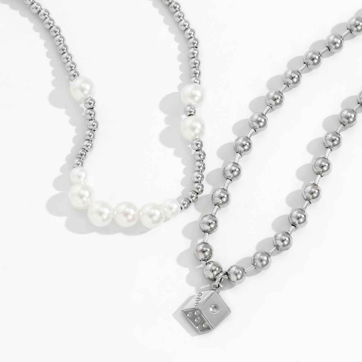 Pearl Double-Layered Necklace With Die Pendant necklace - Damned Threads